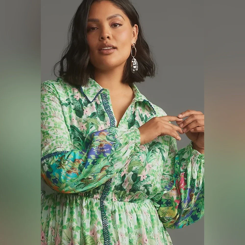 Anthropologie Eleanora Long Sleeve Maxi Shirt Dress Green Tropical Print XL NWT - Picture 2 of 4